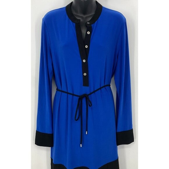 Calvin Klein Women Dress Size Large Blue Black Colorblock Long Sleeve Button Tie - Picture 2 of 7